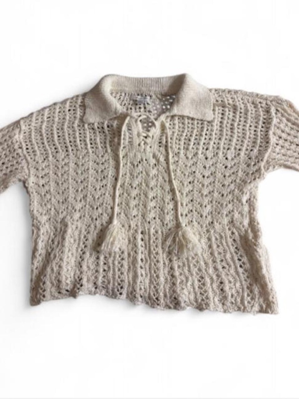 American Eagle Outfitters Open-Knit Lace-Up V-Neck Sweater - Cream - Picture 4 of 5